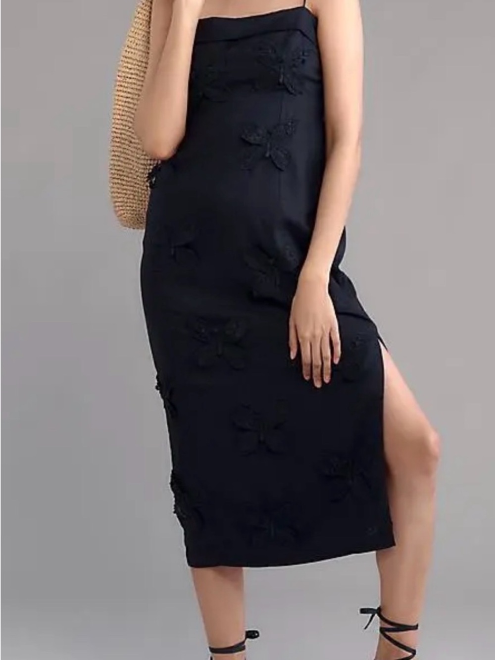 Anthropologie Maeve Linen Blend Black Floral Appliqué Midi Dress Side Slit L